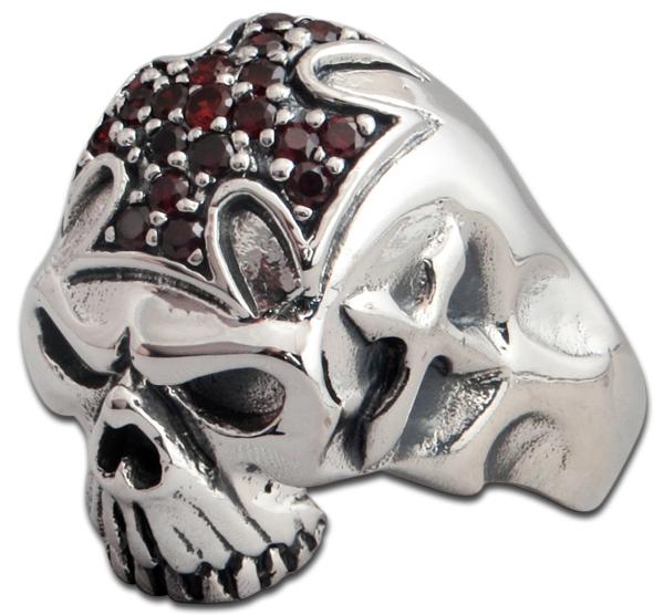 Steampunk Skull Ring With Ruby-Like Cross