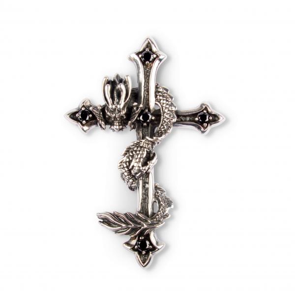 Gothic Silver Cross Pendant With Dragon