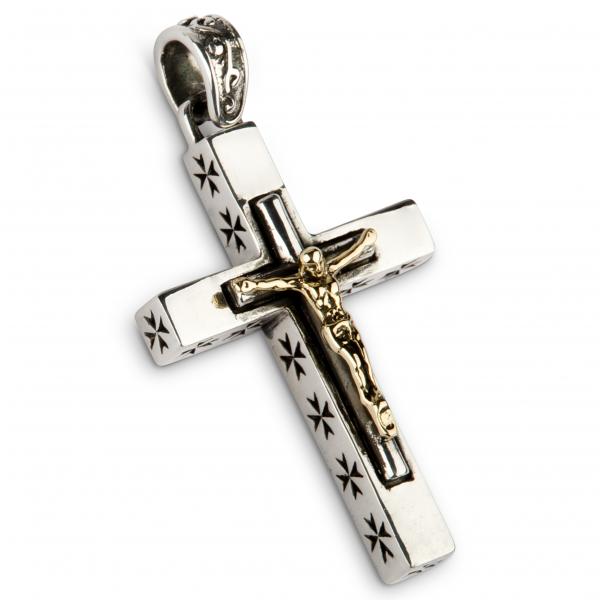 Golden Crucifix On Heavy Silver Cross Pendant