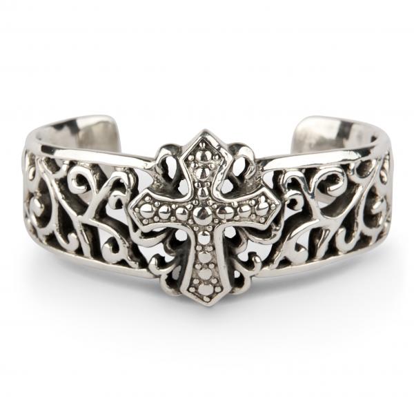 Gothic Cross And Tendrils Silver Bangle