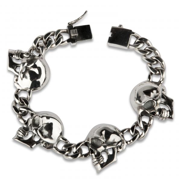 Biker Bracelet With Big Skulls And Slip Catch