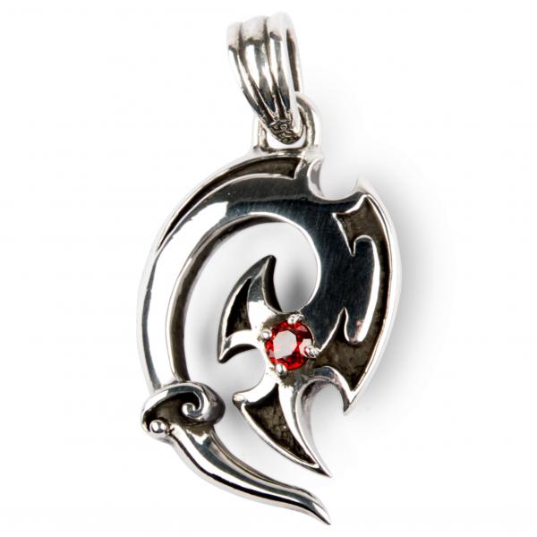 Silver Pendant Dragon Heart With Red Stones