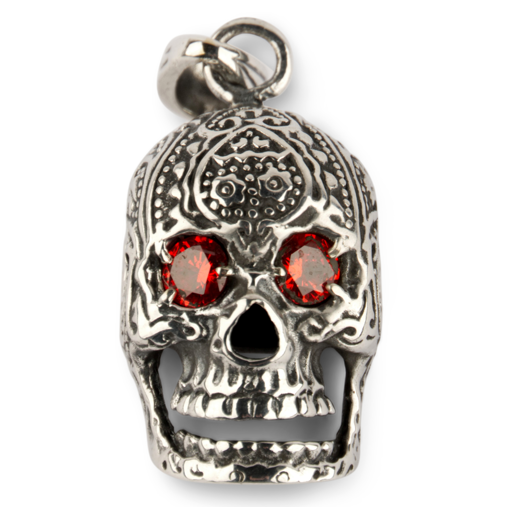 Tribal Skull Red Crystal Eyes Silver Pewter Pendant Necklace NK-468 SALE
