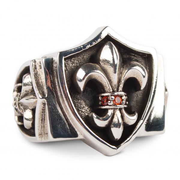 Breiter Fleur-de-Lis Ring mit roten Zirkonia