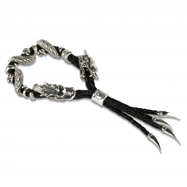 Heavy Silver Dragon Leather Bracelet