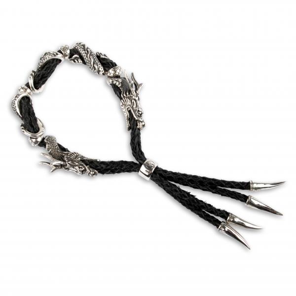 Leder Armband mit 2 Detaillierten Silber-Drachen