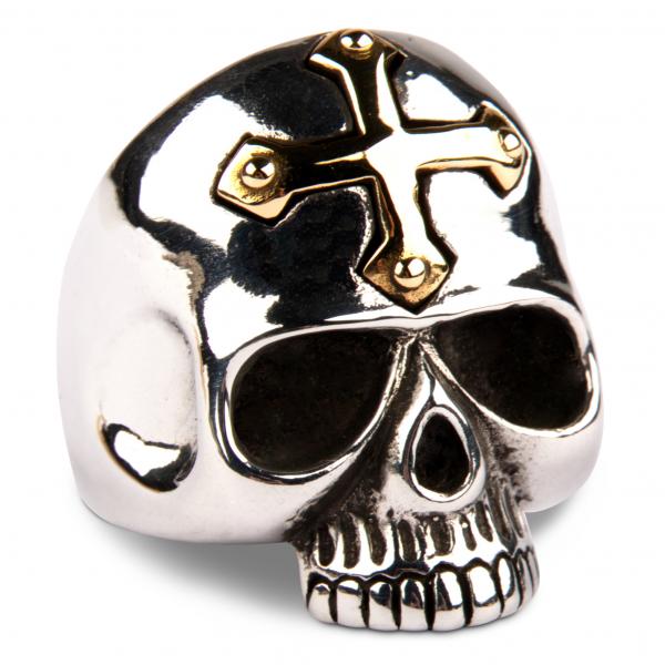 Gekreuzigter Totenkopf Ring mit goldenem Kreuz