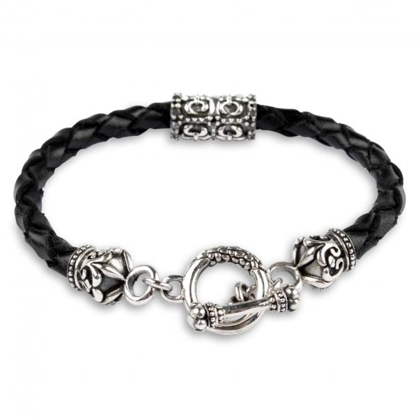 Leather Bracelet With Fleur De Lis Bead And Crowns