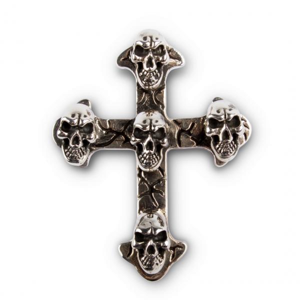 Pendant Silver Cross With 5 Skulls